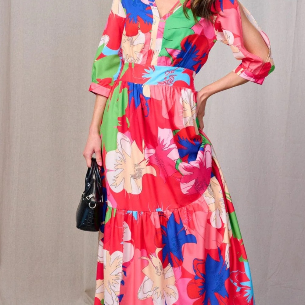 Pink and Blue Tiered Maxi Sundress with Bishop Sleeves